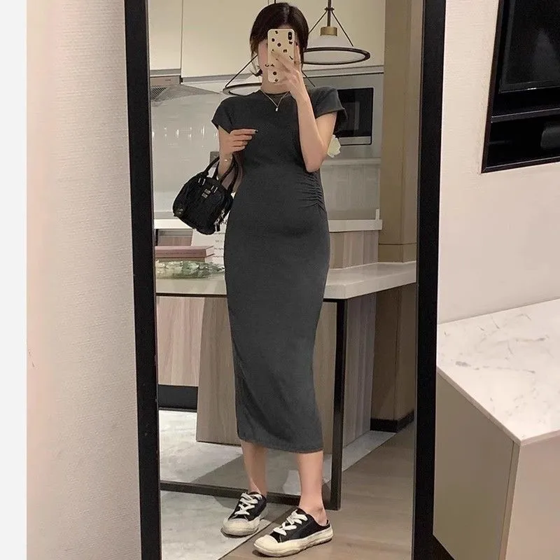 pregnant-women-dress-long-skirt-ccotton-stretch-pleated-dress-pregnant-women's-skirt-summer-short-sleeved-maternity-dress-zi977