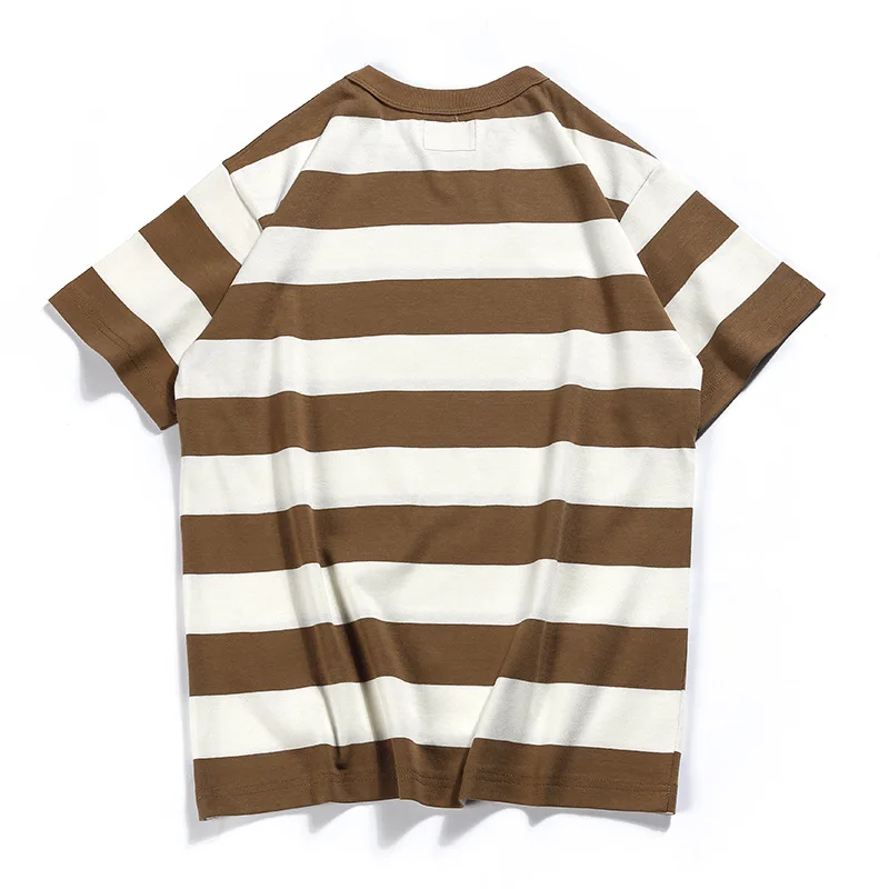 New American Retro Amikaji T-shirt Heavy 100% Cotton Prisoner Large Striped T-shirt Men's Short Sleeve Thick Simple Soft Tops