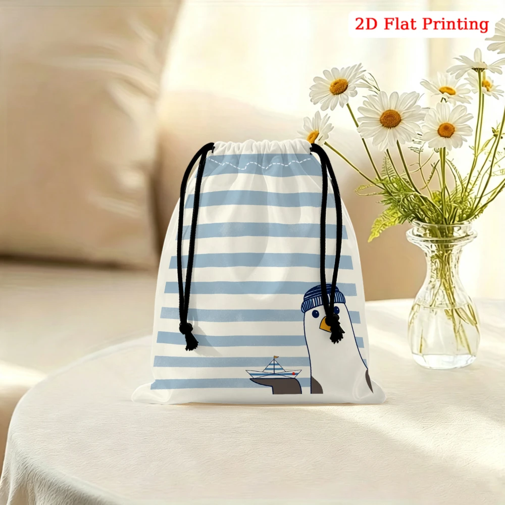 1pc Blue And White Striped Drawstring Bag Penguin Pattern Storage Small Pouch For Travel Organizer Glasses Cosmetics Portable Li
