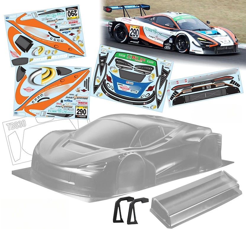 TB830 1/8 McLareen 720S GT3 Clear Lexan Body shell 325mm W/Rear Wing and Decal sheet for On Road Car