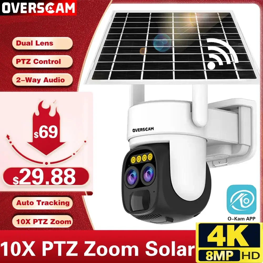 

10X Zoom 8MP 4K WiFi Solar Camera Solar Panel Battery PTZ Outdoor Dual Lens Wireless Security IP Camera HD Human Detect O-KAM