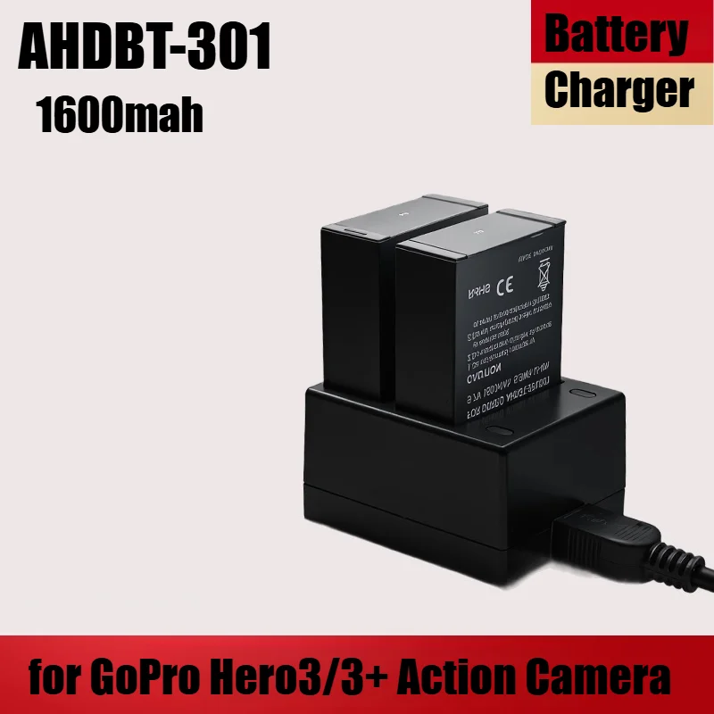 1600mAh AHDBT-301 Li-ion Battery for GoPro Hero3/3+ Action Camera - High Capacity Replacement with Charger Compatibility