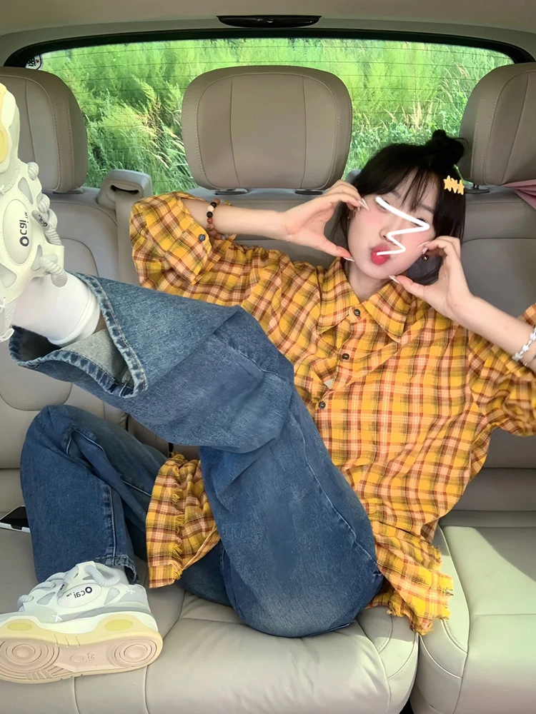 เสื้อเชิ้ตลายสก็อตสีเหลืองสำหรับฤดูใบไม้ร่วงต้น รุ่นใหม่สำหรับฤดูร้อน ผ้าบาง ป้องกันแสงแดด ทรงหลวม แขนยาว สไตล์หวานแบบญี่ปุ่น