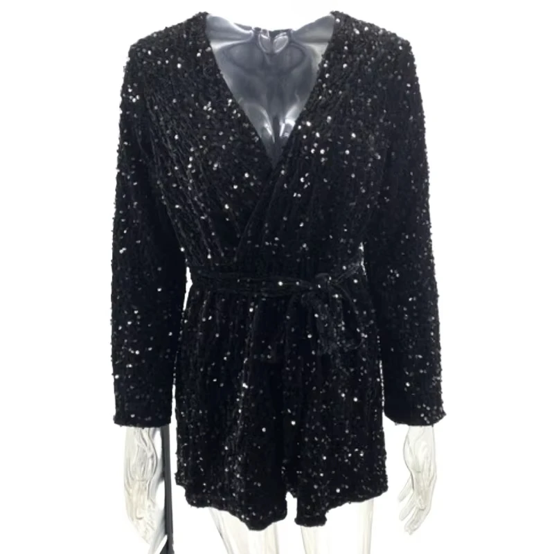 

V-neck Long Sleeves Sequined Short Romper