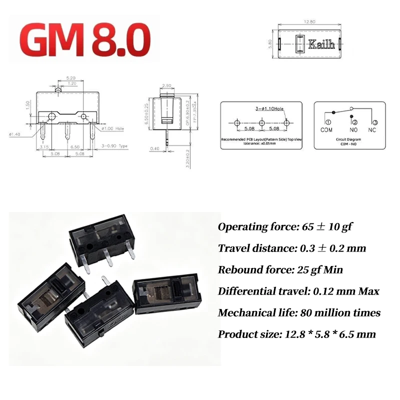 1Pcs New Kailh GM 8.0 micro switch GM8.0 Gold Contactor 80 Million Click Life Computer mouse left right Micro Swicth button