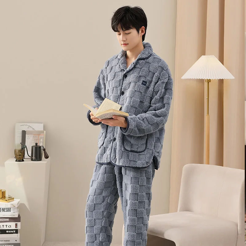 Men's pajamas winter long plush velvet cardigan pyjamas male thick coral fleece home clothing warm suit pijama hombre