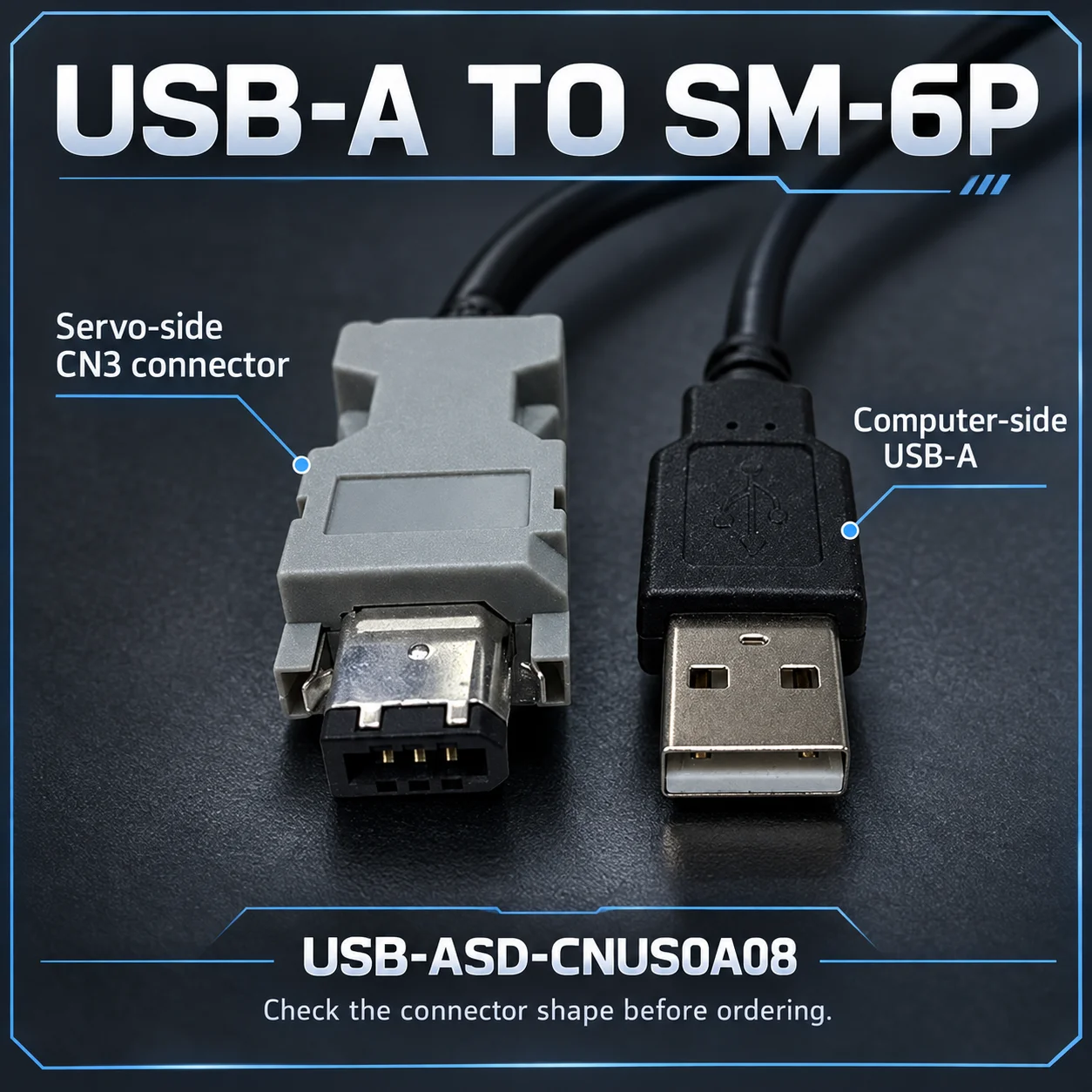 USB-ASD-CNUS0A08 USB to SM-6P CN3 Communication Download Cable for Delta ASDA-B2 AB A2 Servo Drives 3M