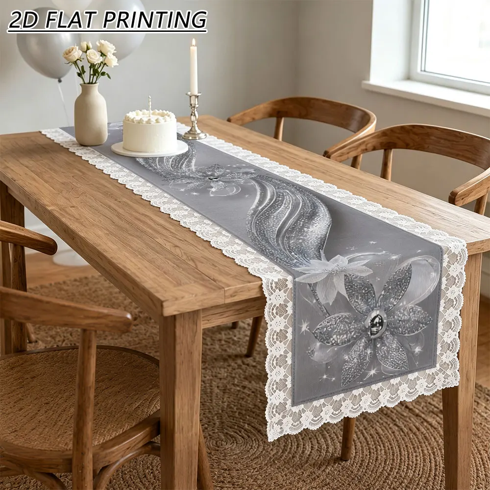 1pc Silver Glitter Poinsettia Pattern Tulle Lace Table Runner For Home Wedding Holiday Party