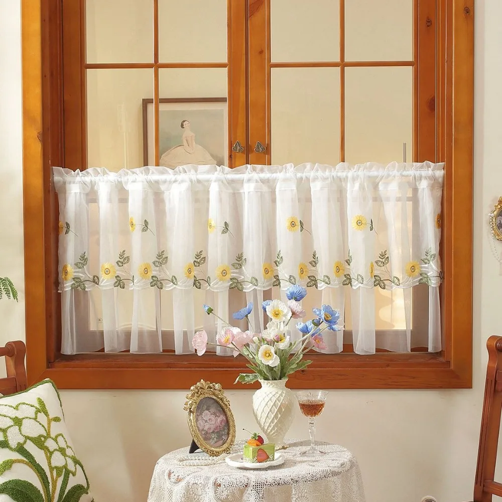Pastoral Style Floral Lace Curtains Lace Trim Sheer Voile Cafe Curtains Light Blocking Dust-Proof Embroidered Curtains