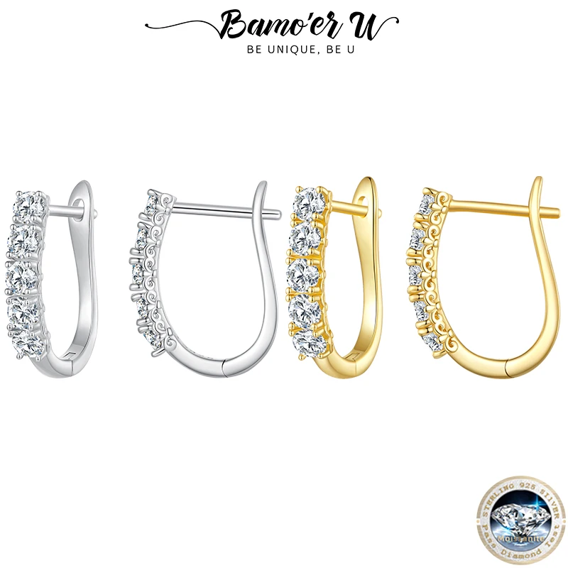 

Bamoer U D Color VVS1 EX 1CT Moissanite Ear Buckles 925 Sterling Silver U-Shaped Hoop Earrings with 5 Stones for Women Wedding