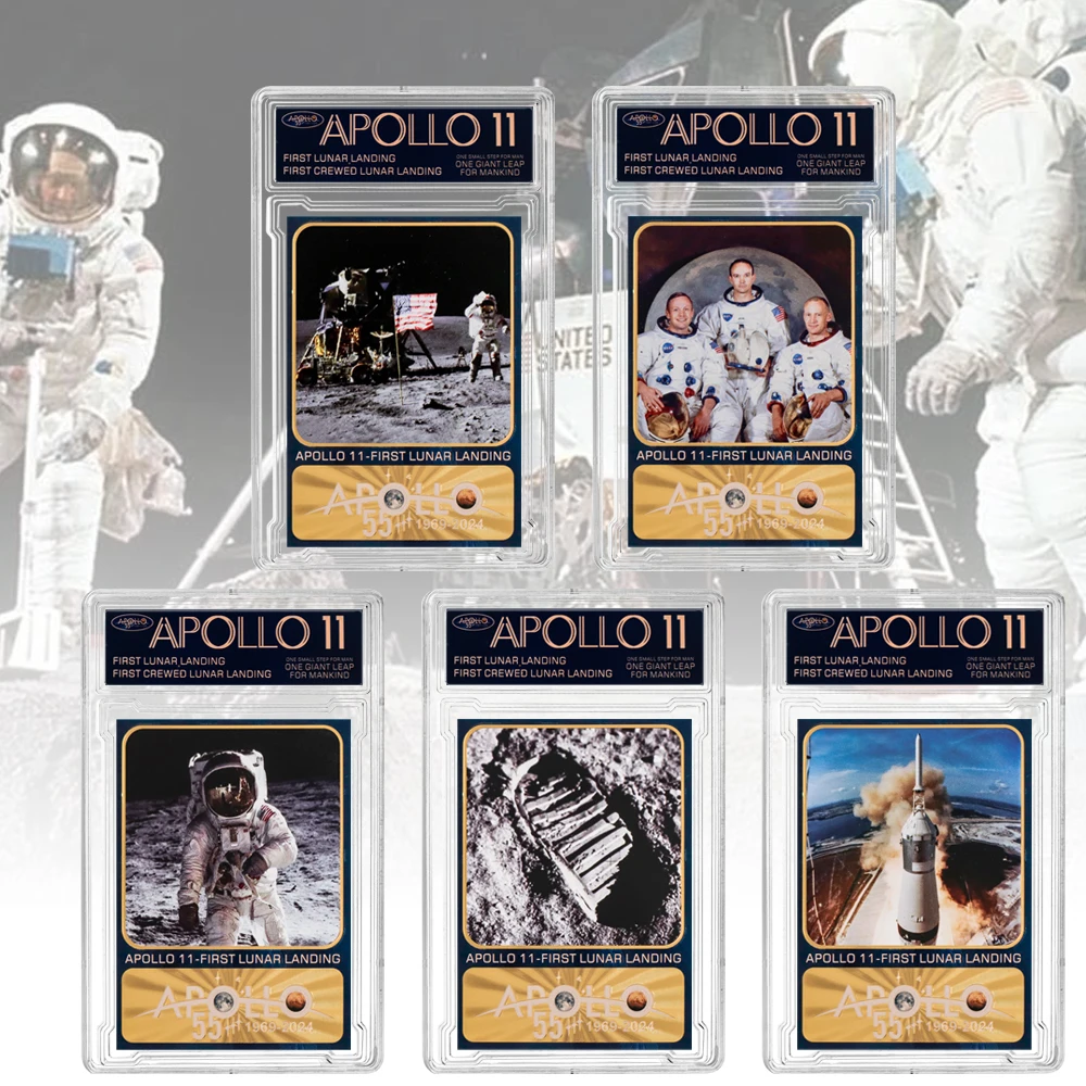 

5 Designs First Human Landing Moon PVC Cards /w Protect Display Shell Apollo 11 55Th Anniversary Collectible Cards Souvenir Gift