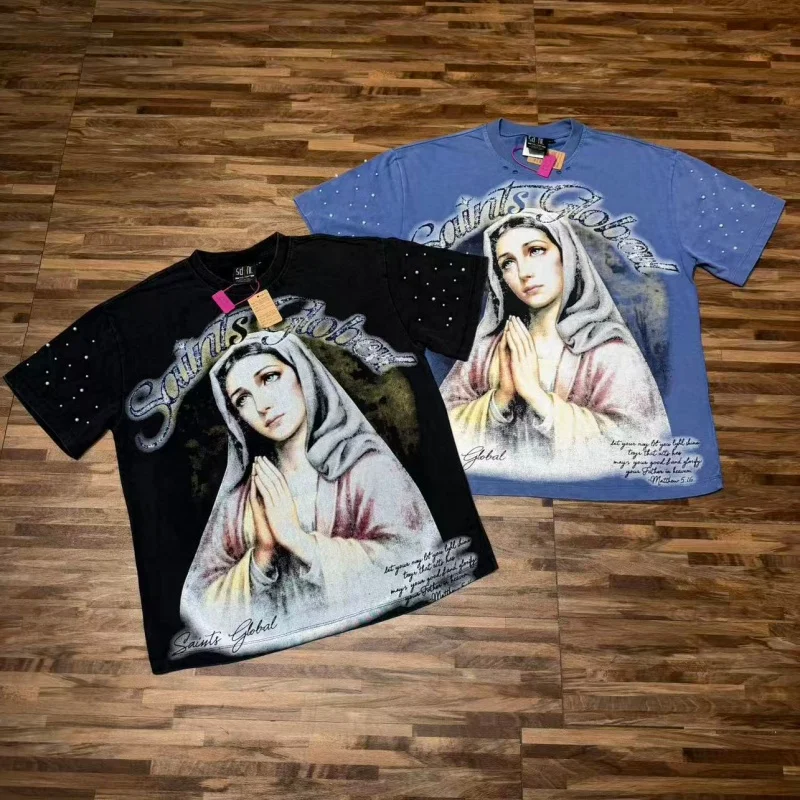 Vintage Saint Graphic T-Shirt  Blindfolded Angel Praying Print Y2K Streetwear Retro Washed Cotton Tee  Top For Men and Women