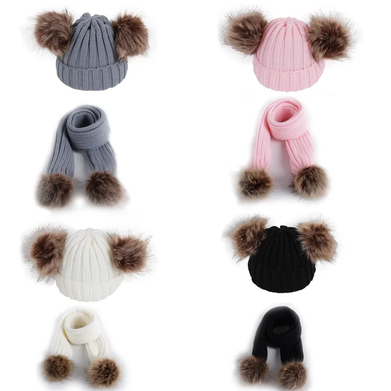 2023 Cute Pom Pom Knitted Baby Hat Scarf Winter Warm Children\'s Hat Scarf Elastic Warmn Double Ball Baby Hat Scarves