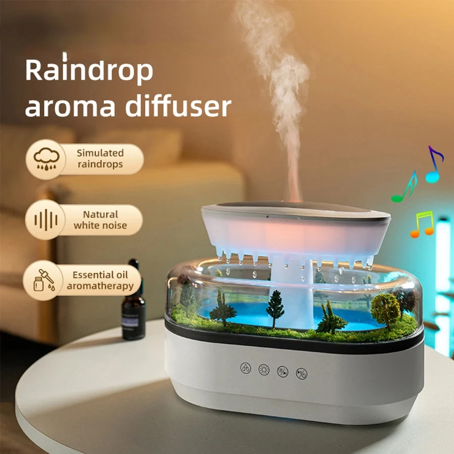 2024 New Simulated Raindrop Aromatherapy Diffuser Forest Green Landscape Essential Oil Humidifier With Natural White Noise Music