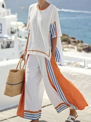Patchwork Printing Wide Leg Pants Outfit Women Casual Top And Pants Two Piece Set Streetwear Loose Long Pants Matching Suit 2025