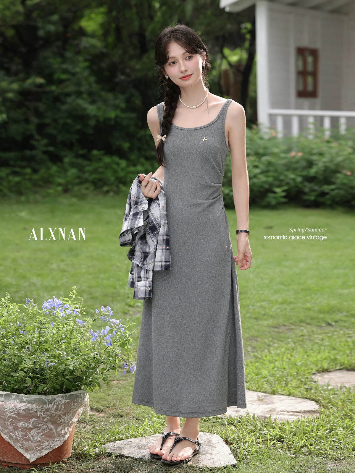 

ALXNAN Gray Sleeveless Dress Long U-neck Slim-fit Cotton Dress 2025 Summer Casual Elegant Holiday Beach Female Clothing L56661