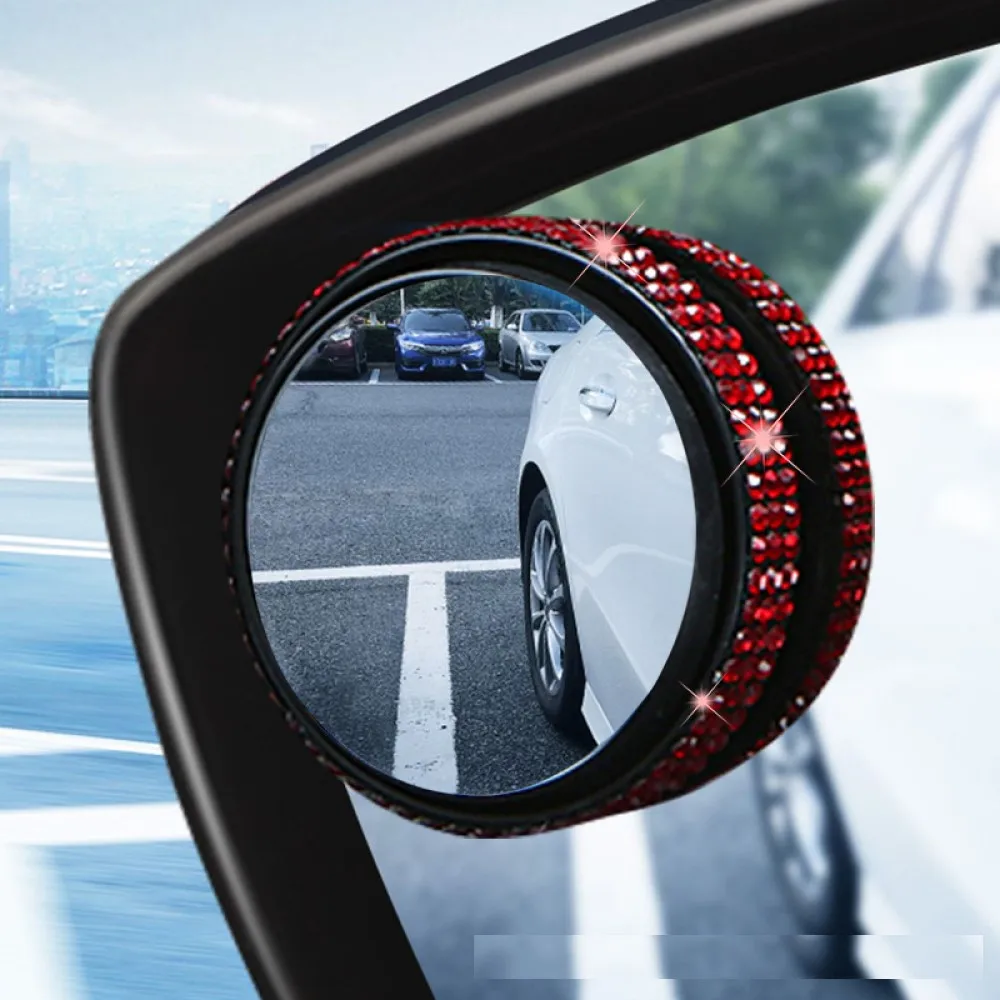 

2pcs Car Rearview Mirrors 360° Blind Spot Adjustable Round Frame Mirror with Diamond decorations.