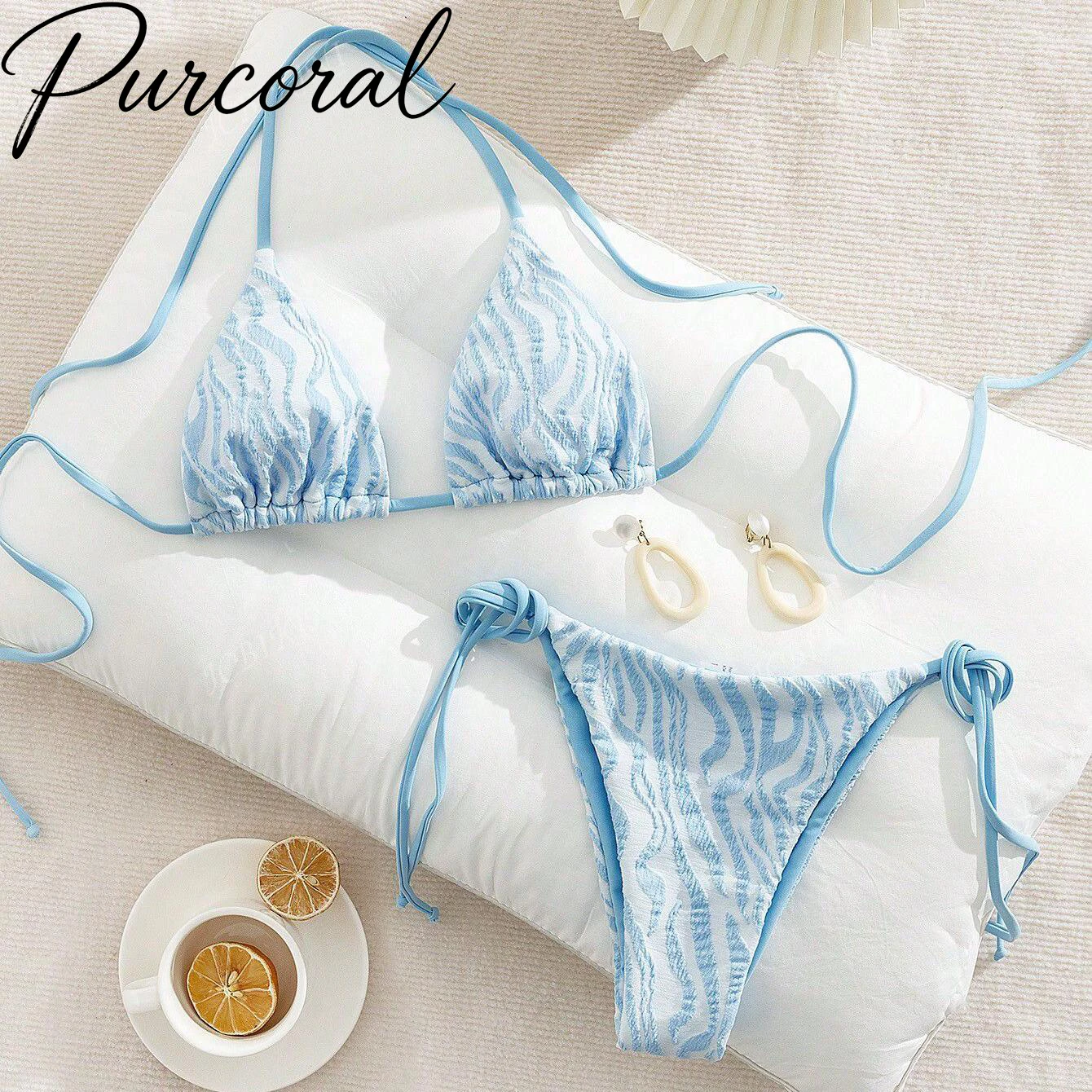 Purcoral Zebra Print Triangle Bikini Set Women Halter Tie Side Swimsuit Two Piece String Bikini 2026 Summer Beach Bathing Suit