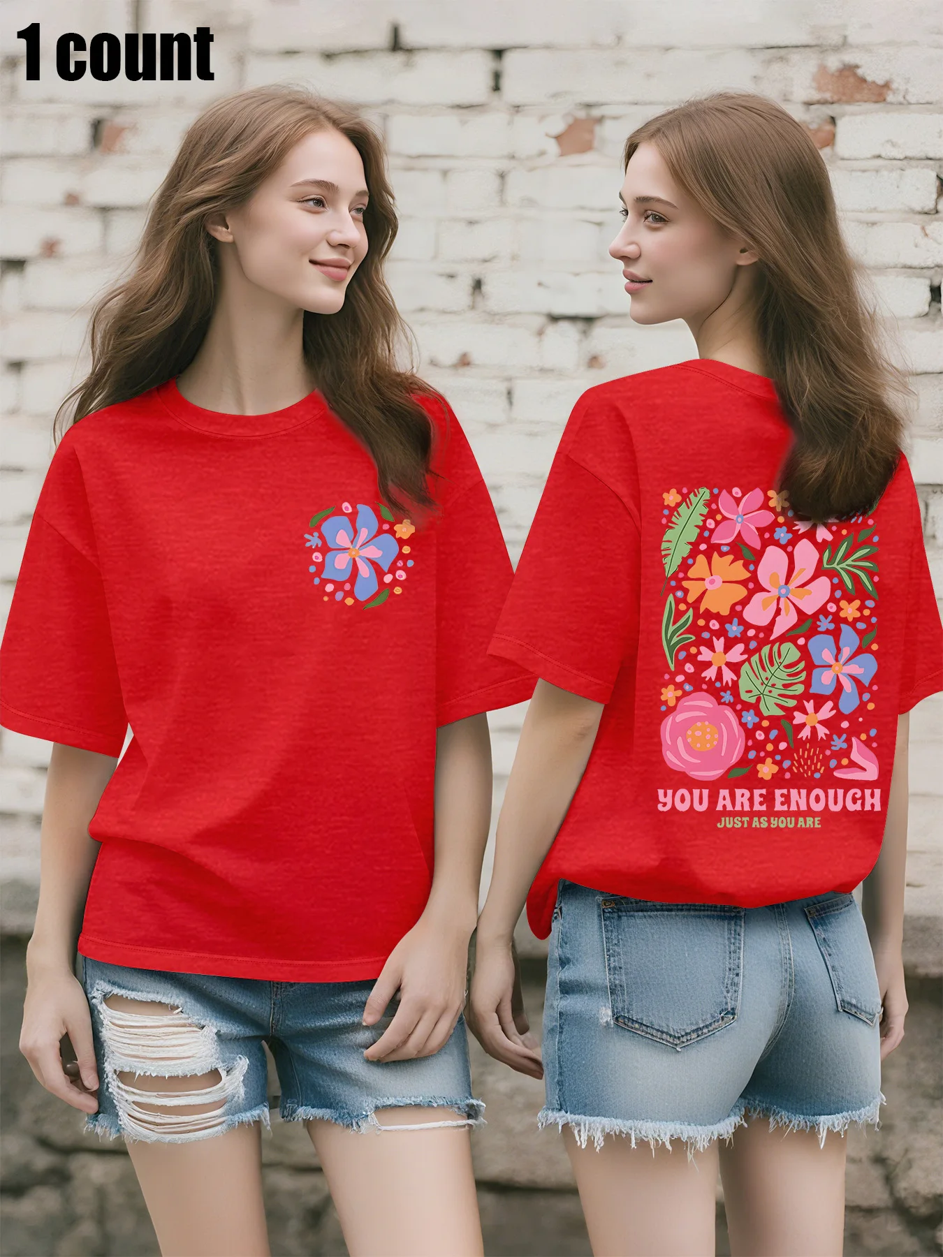 Plus Size Women's Oversized T - Shirt, Front Floral Pocket & Back "YOU ARE ENOUGH" Print, Boho Graphic Tee, Short - Sleeve Top
