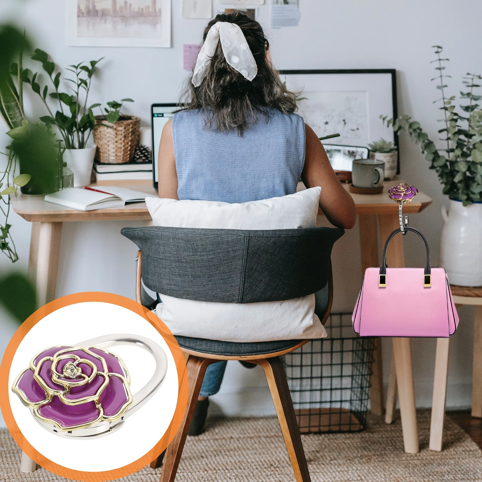 

Purple Zinc Alloy Acrylic Rose Flower Shaped Folding Handbag Hanger 115mm Extended 50x70mm Folded for Desk Bag Holder