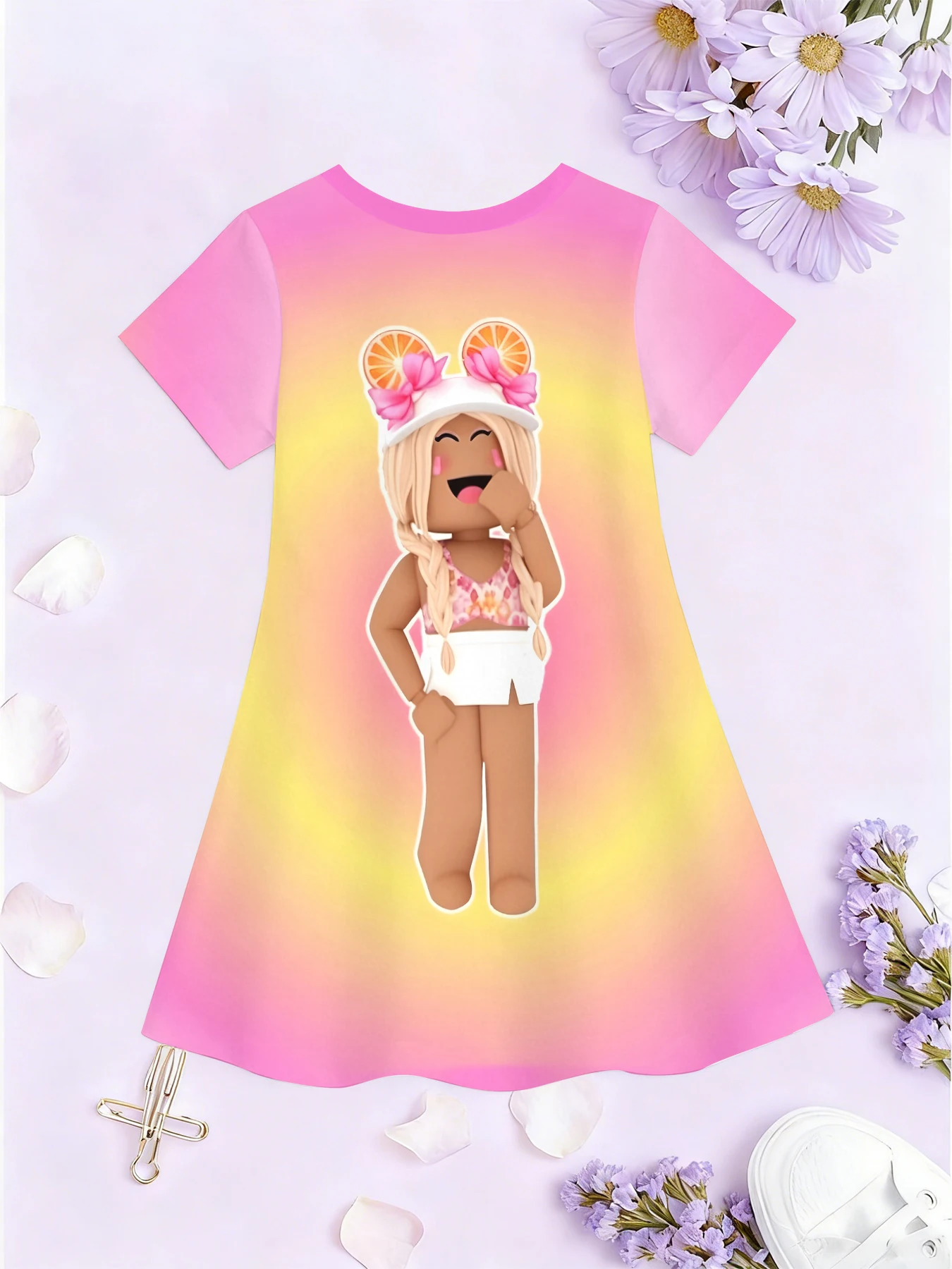 Mädchen-Kleid mit 3D-Motiv, Rundhalsausschnitt und A-Linien-Schnitt, Anime-Mädchen-Mecha-Design, rosa Farbblock-Print, ideal für Partys und als Geburtstagsgeschenk. – Detail 5