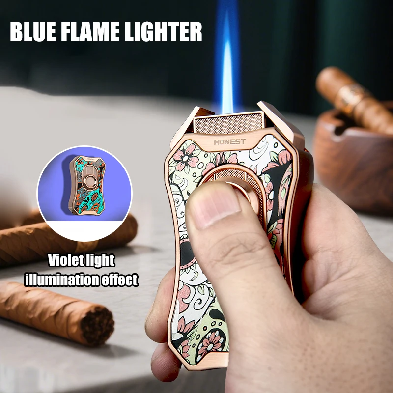 

HONEST Blue Flame Cigar Lighter Metal Material 8mm Retractable Spout Fluorescent Water Transfer Craft Bottom Cigar Cutter