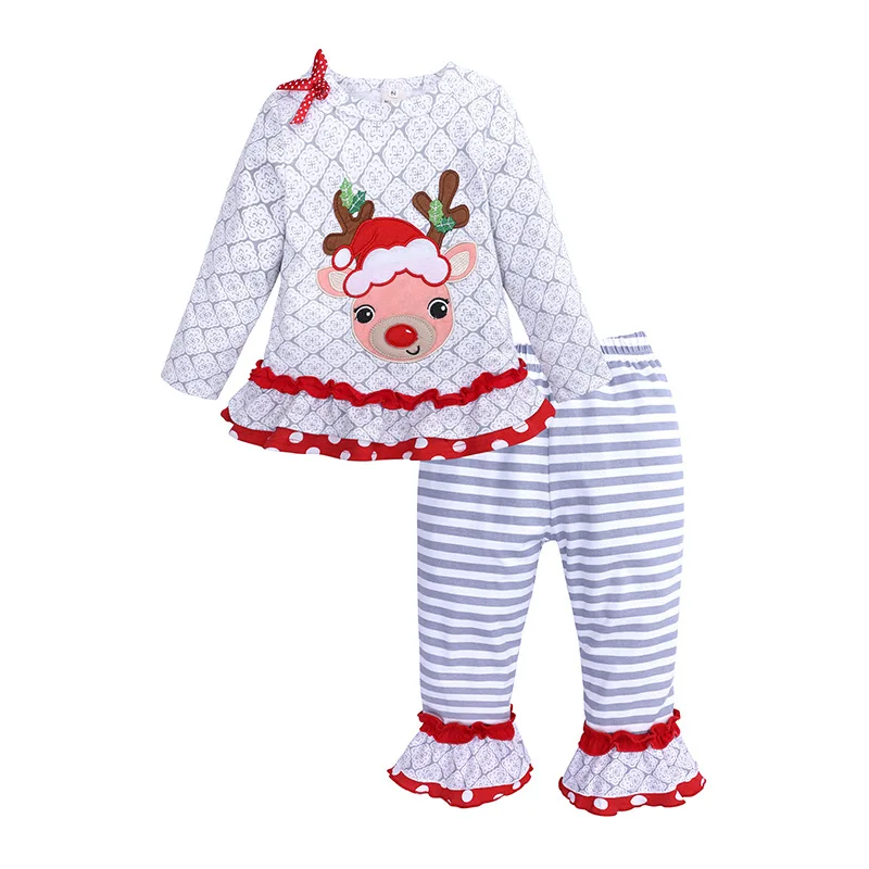 

Toddler Baby Girl Christmas Deer Outfit Long Sleeve Ruffle Top Fall Clothes Striped Flare Pants Set Fall Winter Clothing 1-6Y