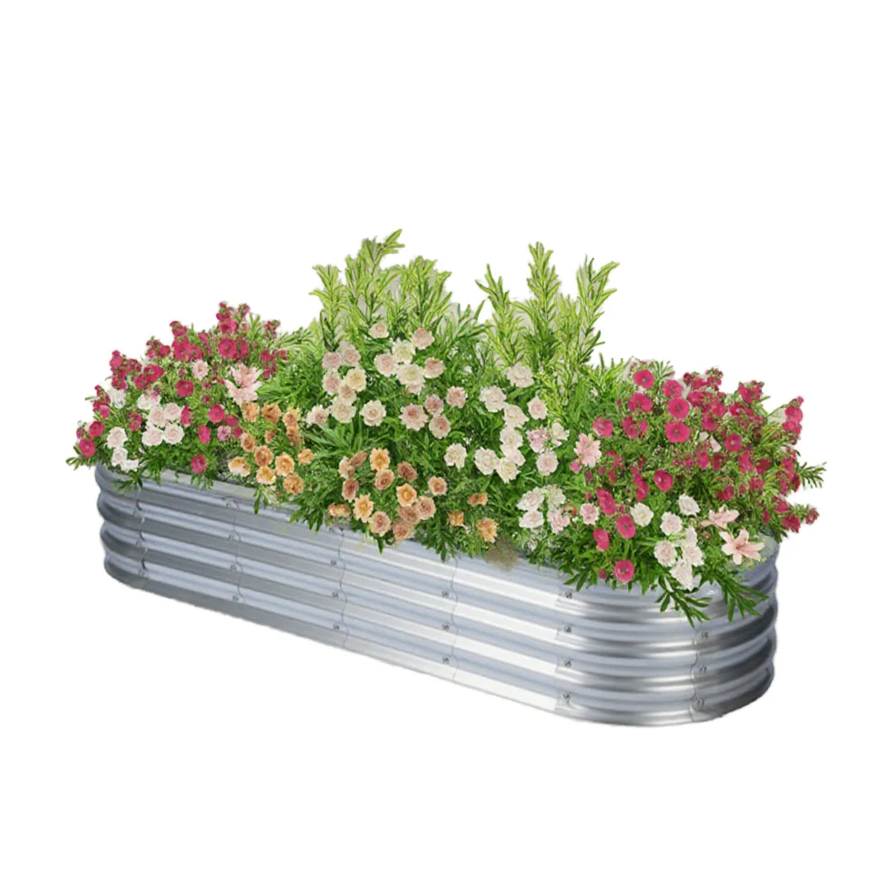 Custom Galvanized Steel DIY Raised Garden Bed Planter Box Modern Design Oval Shape TOPSTAR TS6308S Model Outdoor Floor Planter