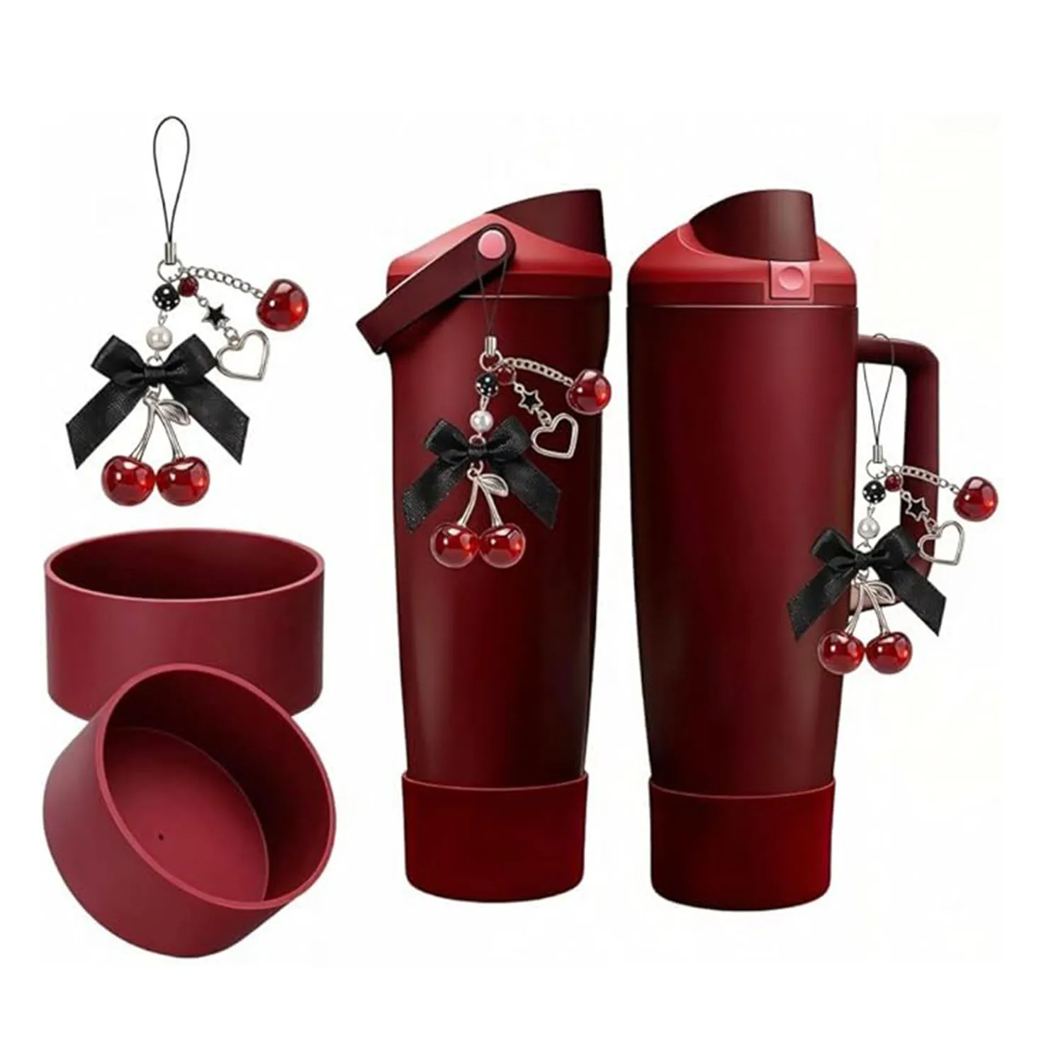 2PCS Black Cherry Charm & Bow Silicone Boot for Owala 24/30/32/40oz,1pc Perfect Water Bottles Accessories Set Pendant for Owala
