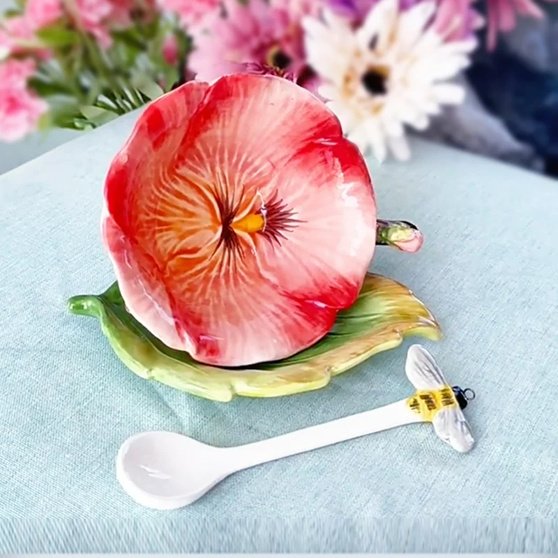 Ceramic Flower Coffee Cup with Saucer and Spoon Exquisite Embossed Leaf and Flower Design Mug for Afternoon Tea or Flower Tea