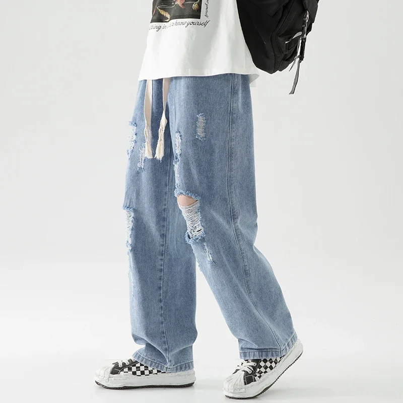 

New Men Baggy Ripped Jeansripped Trousers Hip Hop New Mens Loose Jeans Neutral Pants Solid Color Women Oversized Straight Jeans