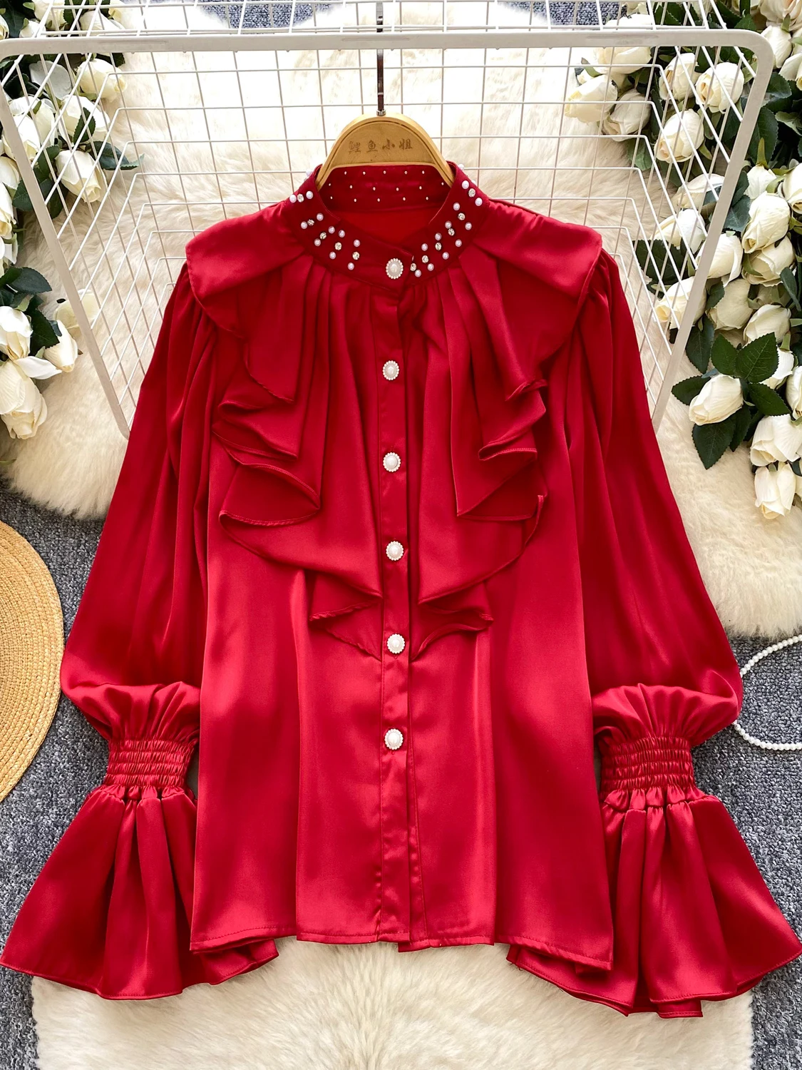 

Women Shirt French Court Style Diamonds Beaded Ruffle-spliced Flared Sleeve Satin Shirt Fungus Top Blouse High-end Female BL298