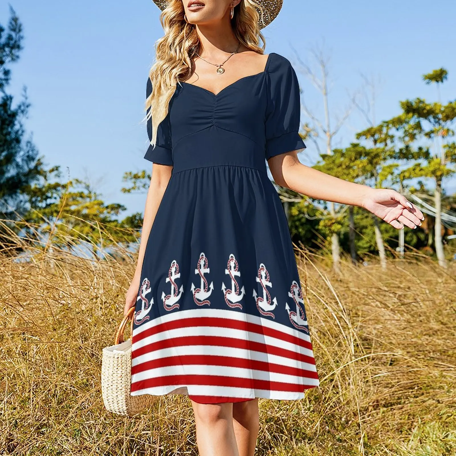 Nautical red white stripes and red anchor on blue background Dress women dresses dresses for women 2023 luxury designer party