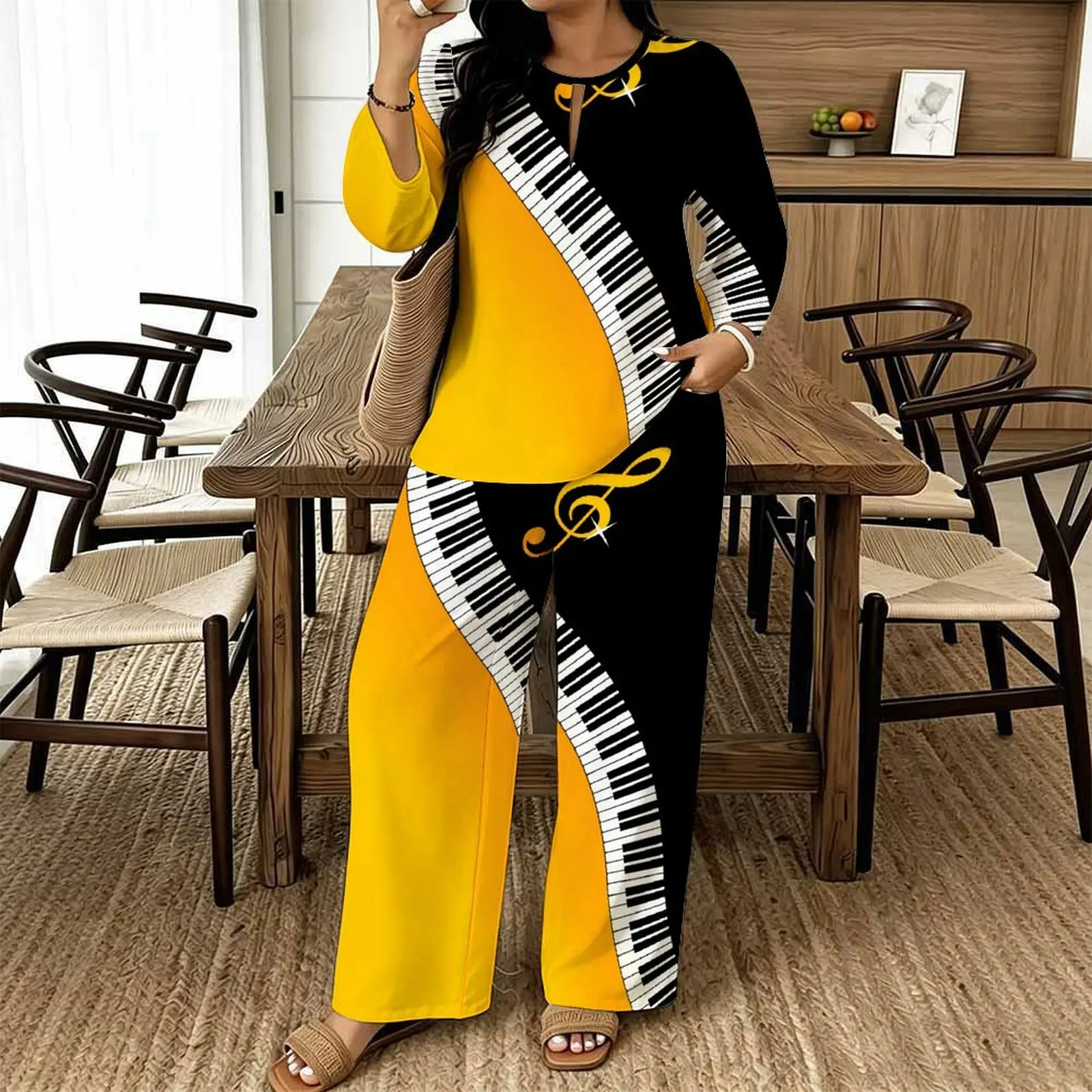 Vintage Print Two Piece Set Ladies Casual Long Sleeves Elegance Tops Everyday Street Loose Pants