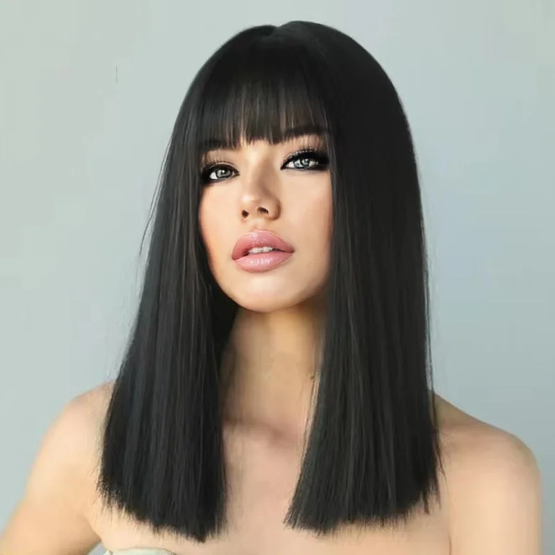 Fashion black synthetic wig female Qi bangs long hair festival daily wig chemical fiber mechanism full head wig image 3