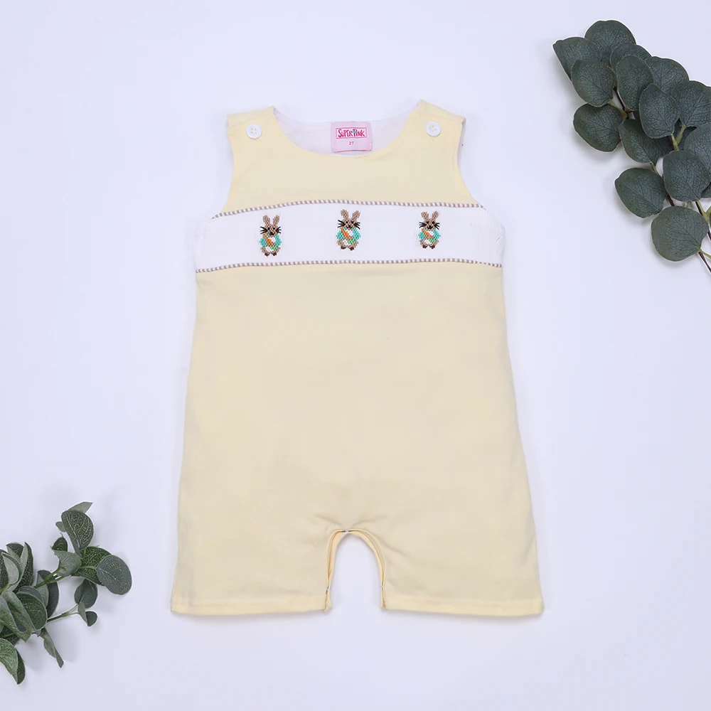 Boutique Hand Smock Summer Sleeveless Baby Girl Jumpsuit Round Neck Three Rabbits Bodysuit Pink Stripe Boy One-Piece Clothes