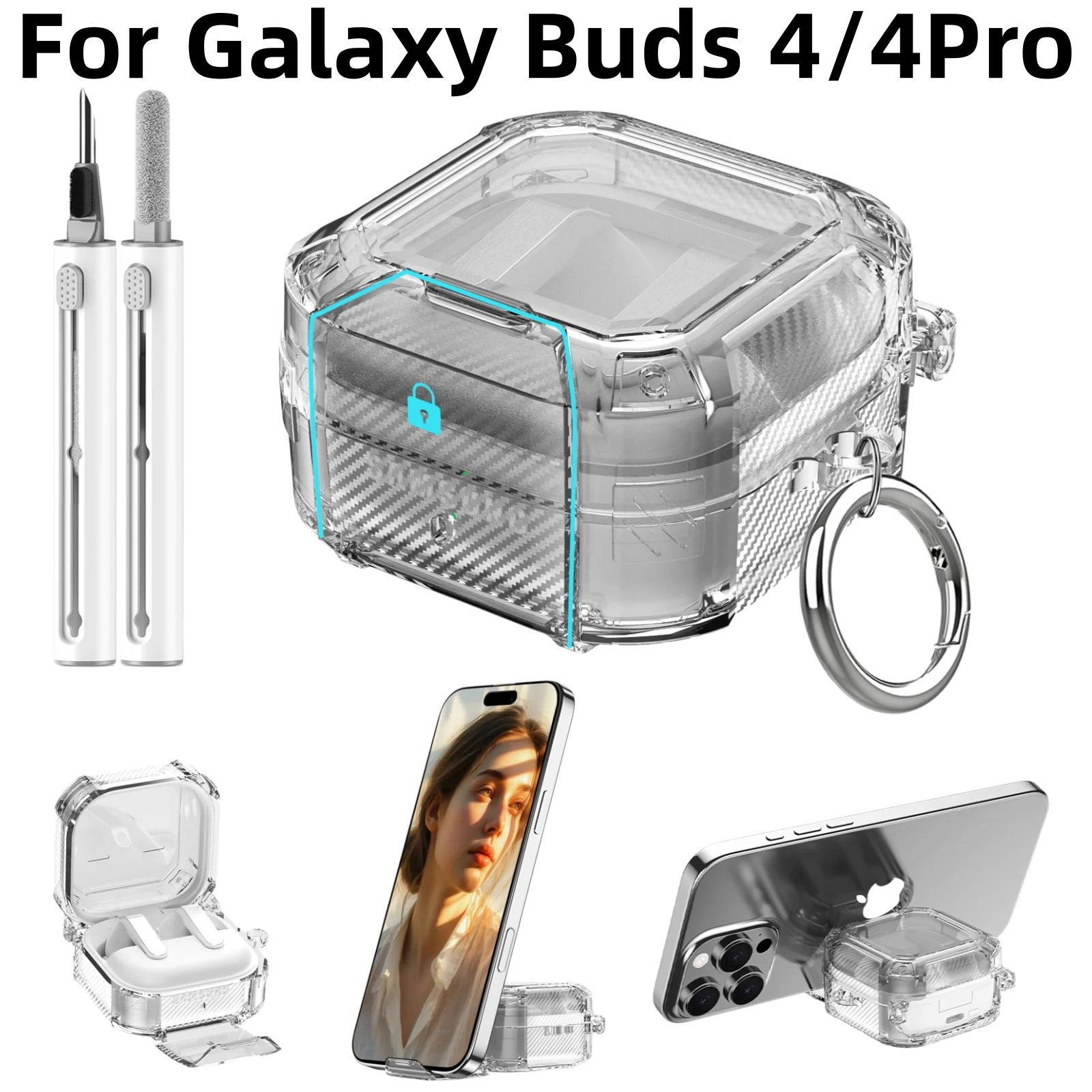 Safety Lock for Samsung Galaxy Buds 4 Pro Case/ Buds 4 Case with Phone Stand & Cleaning Kit Crystal Clear Case For Galaxy Buds 4