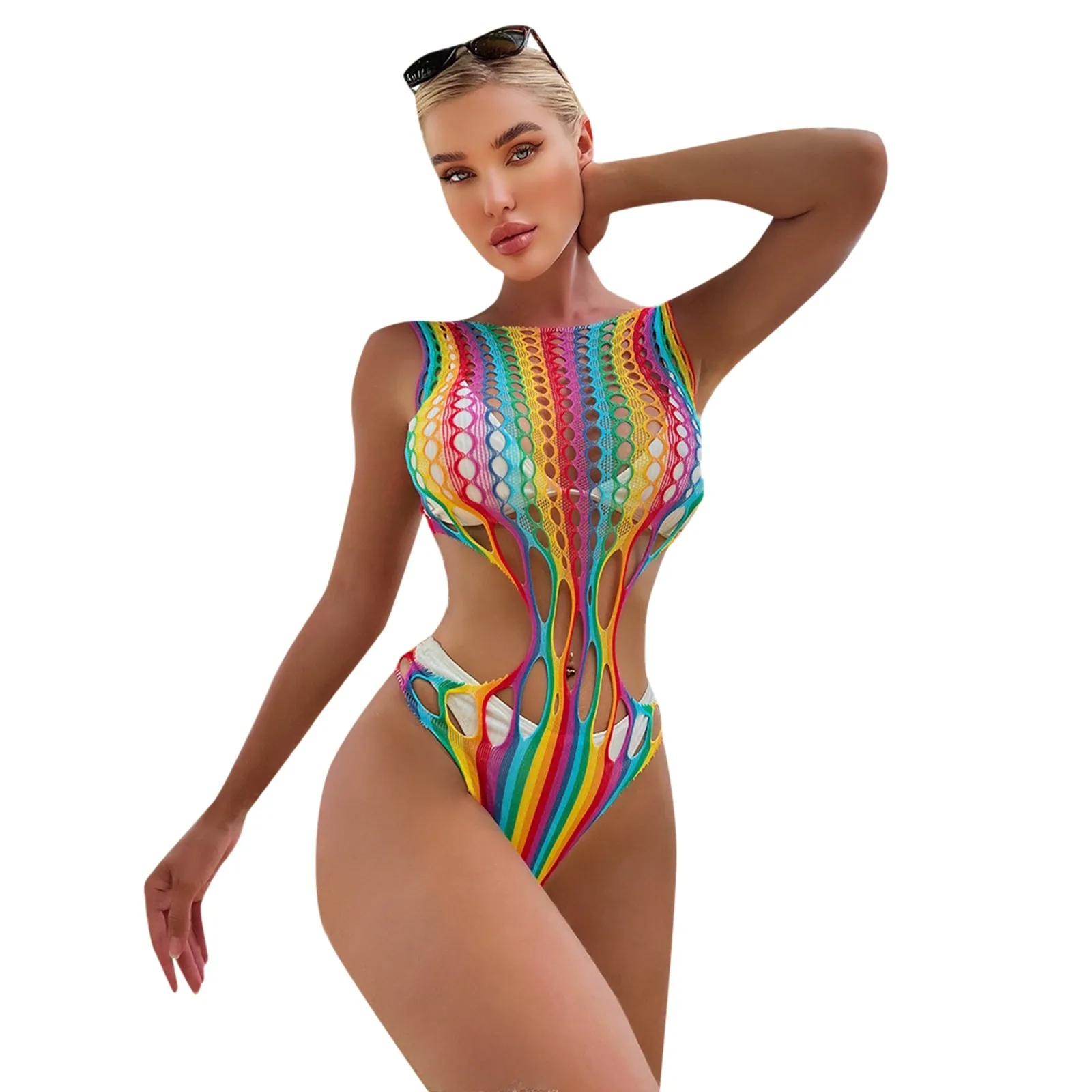 Vestido de malha oco para roupas de praia sexy, capa de maiô arco-íris, biquíni encobrir roupas, bodysuit arrastão, lingerie