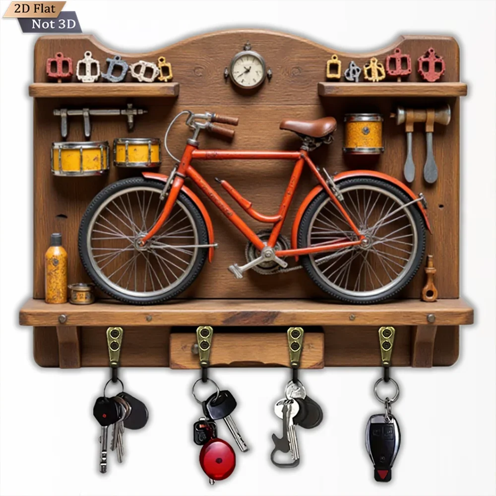 2D Flat, 1pc, Bicycle-Shaped Key Hook, Wooden Multi-Functional Home Key Hook, Includes Four Metal Hooks, Wall Decoration, Porch