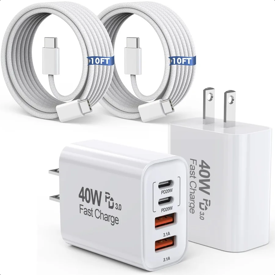 

10FT iPhone 16 15 Pro Charger2Pack 10Foot USB C to C Woven Cable Cord 40W USB C Apple Charger 4 Port PDAC Charger Block Fast Ch