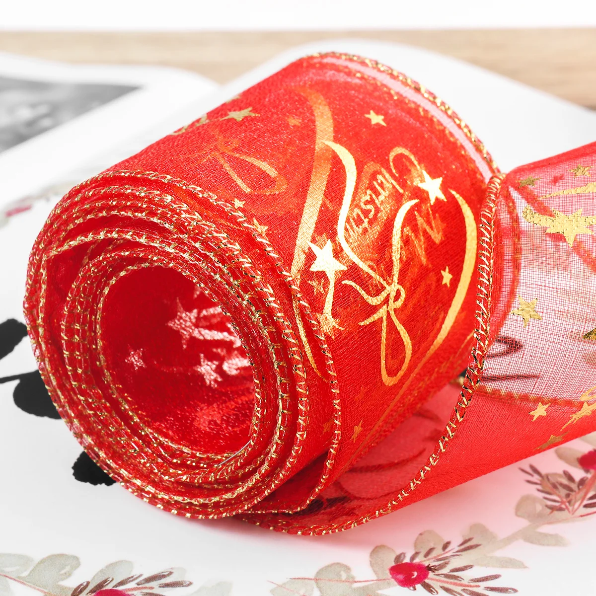 

Merry Christmas Glitter Ribbon Sheer Wired Decorative Ribbon for Gift Wrapping DIY Crafts Christmas Tree Decoration Band