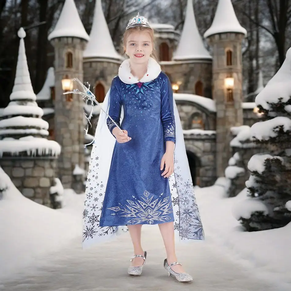 Snow Queen Elsa Girls Costume Set with Collar Dress Kids Cosplay Outfit Princess Birthday Halloween Party Fancy Gown for Toddler