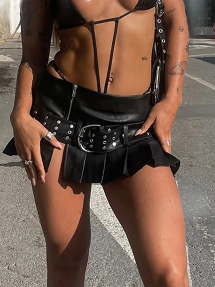 

Pu Leather Women Mini Skirt Sexy Black Zipper With Belt A Line Slim Fit Pleated Short Skirts Summer Lady High Street Wear