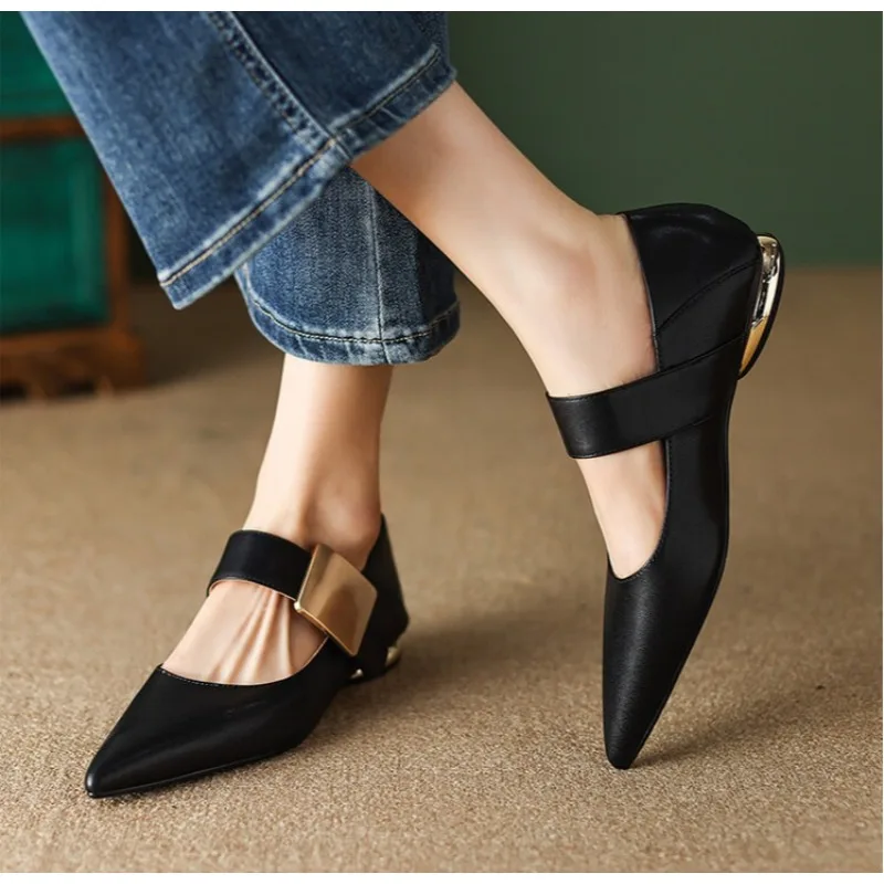 

Женские туфли Мэри Джейн на низком каблуке на плоской подошве, весенне-осенние коричневые туфли в стиле ретро с острым носком на плоской подошве, французские туфли-мюли, удобные кожаные туфли