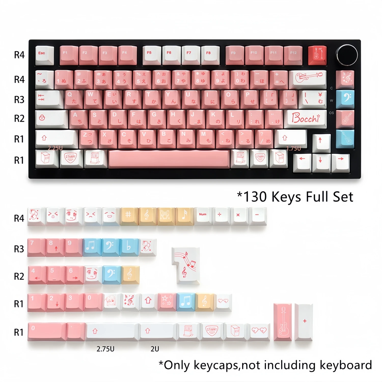 For Music Band Bocchi Theme Keycaps 130 keys Cherry Profile Japanese Input Key Caps Pink Cute Girl Style for Mechanical Keyboard