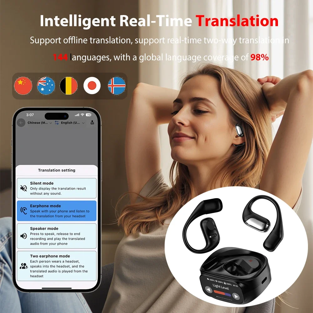 

144 Languages Translation Earphone Two-Way Smart Voice Real Time Translators Headphones Wireless Bluetooth 5.4 Business Headset