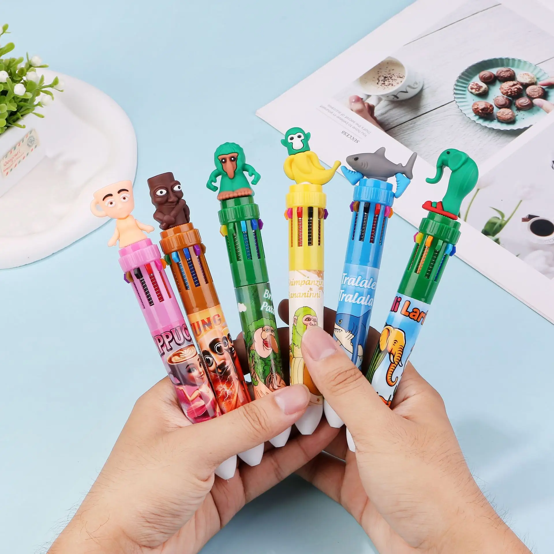 قلم حبر جاف ملون على شكل حيوان 0.7 مم، 10 في 1 قلم ملون 10 ألوان قابل للسحب قلم حبر جاف كرتوني لطيف للمكتب والمدرسة