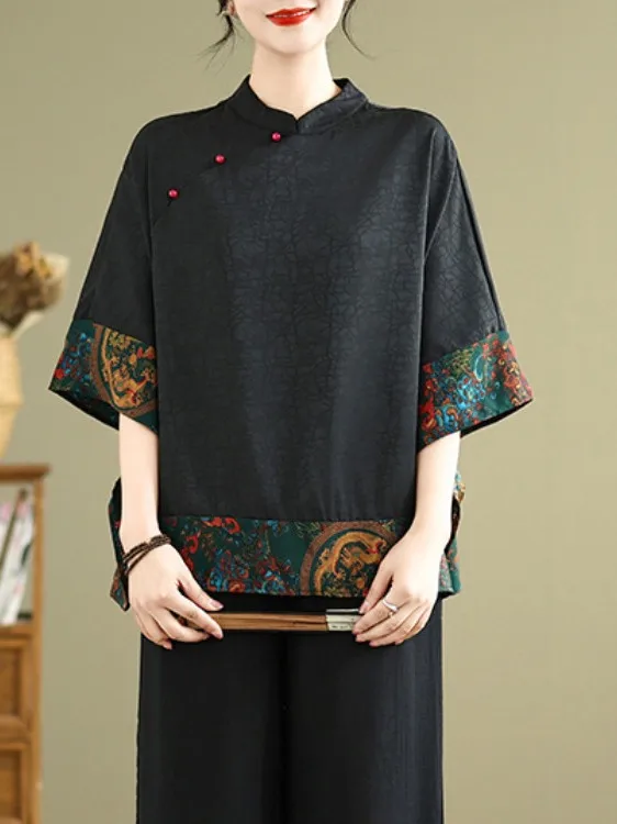 قميص نسائي أنيق على الطراز الصيني بأكمام خفاش وأزرار أمامية، تصميم فضفاض لفصل الصيف، إصدار جديد أنيق، ملابس أنيقة للأمهات
