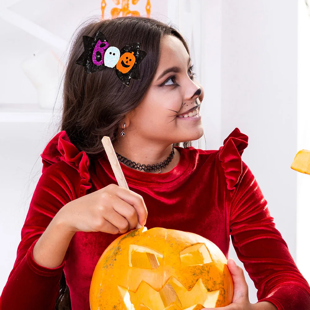 2Pcs Halloween Glitter Bow Hair Clips Glittering Ghost Pumpkin Bownot Hairpins For Girls Kids Party Headwear Hair Accessories