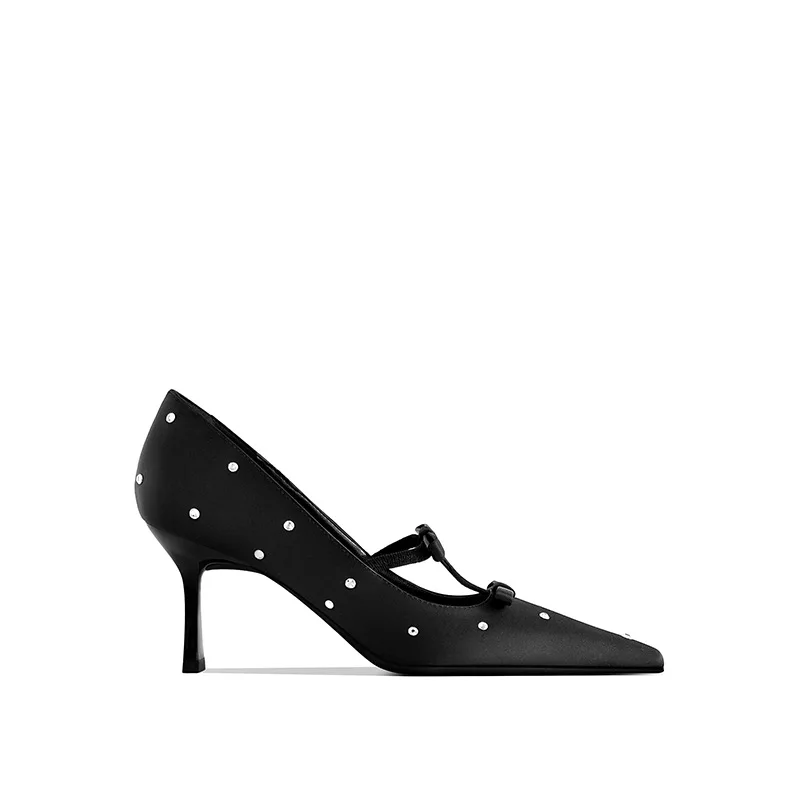Gorasion Women's High Heels Black Rhinestone Single Shoes Bow Pointed Toe Heel Fashion Sexy Women's Shoes Heel Height 7-9cm